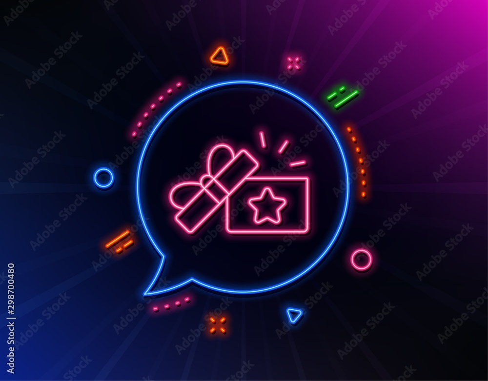 Loyalty gift box line icon. Neon laser lights. Bonus points. Discount program symbol. Glow laser speech bubble. Neon lights chat bubble. Banner badge with loyalty gift icon. Vector