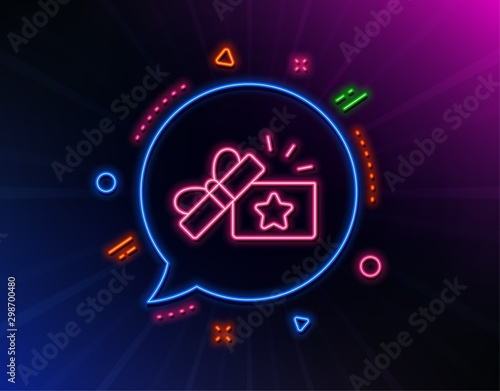 Loyalty gift box line icon. Neon laser lights. Bonus points. Discount program symbol. Glow laser speech bubble. Neon lights chat bubble. Banner badge with loyalty gift icon. Vector