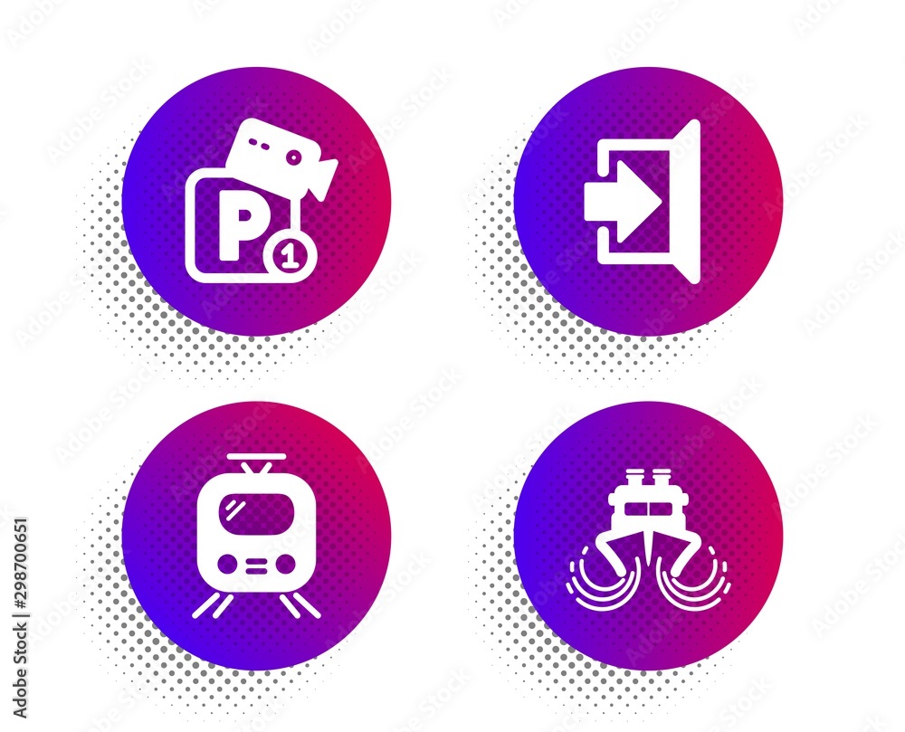 Parking security, Exit and Train icons simple set. Halftone dots button. Ship sign. Video camera, Escape, Tram. Shipping watercraft. Transportation set. Classic flat parking security icon. Vector Parking security, Exit and Train icons simple set. Halftone dots button. Ship sign. Video camera, Escape, Tram. Shipping watercraft. Transportation set. Classic flat parking security icon. Vector