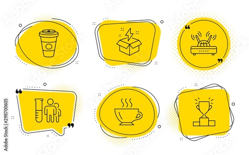 Coffee, Wifi and Winner podium signs. Chat bubbles. Takeaway coffee, Creative idea and Medical analyzes line icons set. Hot latte drink, Lightning, Medicine results. Cappuccino. Business set. Vector
