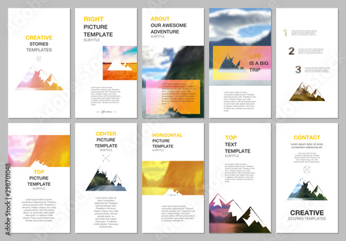Creative social networks stories design, vertical banner or flyer template. Covers design templates for flyer, brochure. Background for tourist camp, nature tourism, camping. Aadventure design concept