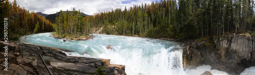 wide panorama of sunwapta falls in jasper nation park - water falls with island
