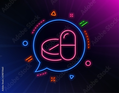 Medical drugs line icon. Neon laser lights. Medicine pills sign. Pharmacy medication symbol. Glow laser speech bubble. Neon lights chat bubble. Banner badge with medical drugs icon. Vector