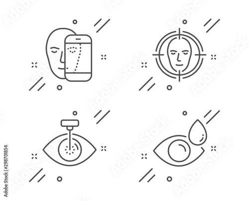 Eye laser, Face detect and Face biometrics line icons set. Eye drops sign. Optometry clinic, Select target, Facial recognition. Check vision. Medical set. Line eye laser outline icon. Vector