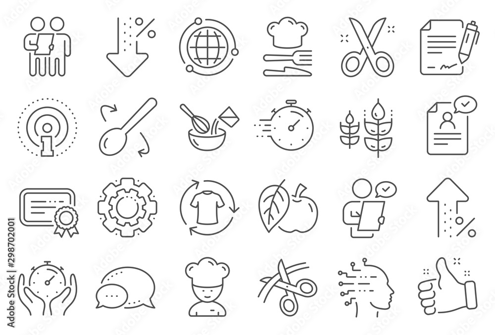 Obraz premium Chef hat, Customer survey, Fast delivery line icons. Approved application, Scissors cutting ribbon, Artificial intelligence icons. Percent decrease, interest rate, contract. Line signs set. Vector