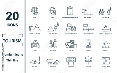 Tourism icon set. Include creative elements visa, international passport, photographing, exhibit, taxi icons. Can be used for report, presentation, diagram, web design