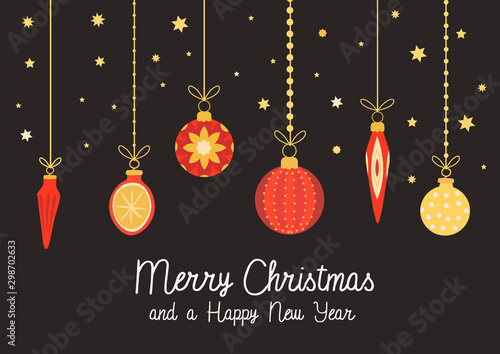 Merry christmas and Happy New Year banner, seasonal greeting card, postcard, invitation template with fir-tree decorations on a black starry background. Vector illustration in red and yellow color.