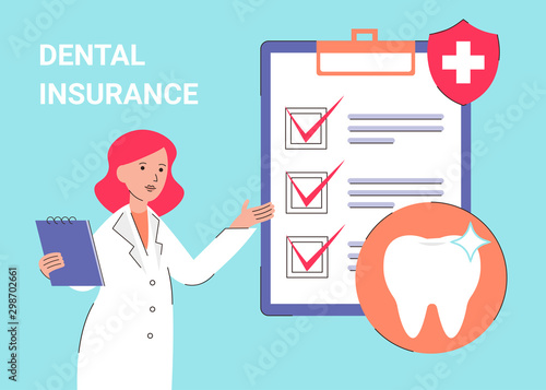 Doctor dentist woman with clipboard checklist and protected teeth. Illustration for web page, banner, poster, template, layout. Flat modern vector concept illustration.