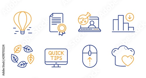 Organic tested, Online chemistry and Certificate line icons set. Swipe up, Decreasing graph and Air balloon signs. Web tutorials, Love cooking symbols. Bio ingredients, Lab flask. Vector