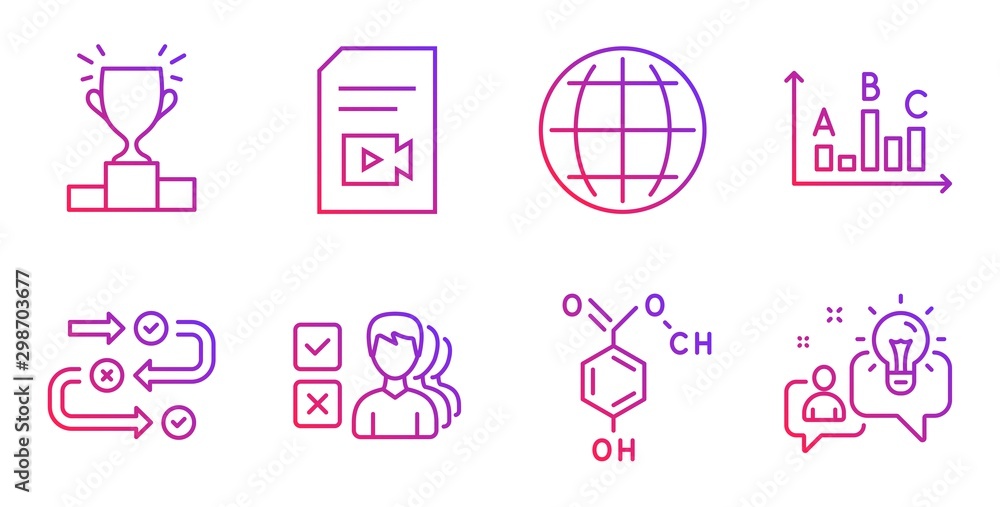 Globe, Opinion and Survey results line icons set. Video file, Chemical formula and Winner podium signs. Survey progress, Idea symbols. Internet world, Choose answer. Education set. Vector Globe, Opinion and Survey results line icons set. Video file, Chemical formula and Winner podium signs. Survey progress, Idea symbols. Internet world, Choose answer. Education set. Vector