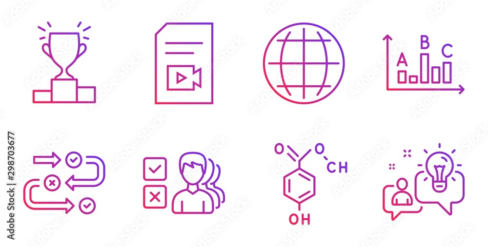 Globe, Opinion and Survey results line icons set. Video file, Chemical formula and Winner podium signs. Survey progress, Idea symbols. Internet world, Choose answer. Education set. Vector