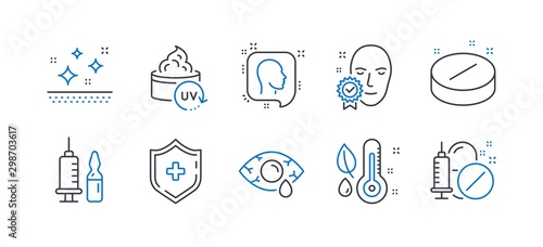 Set of Healthcare icons, such as Medical shield, Thermometer, Uv protection, Medical vaccination, Head, Face verified, Ð¡onjunctivitis eye, Clean skin line icons. Line medical shield icon. Vector