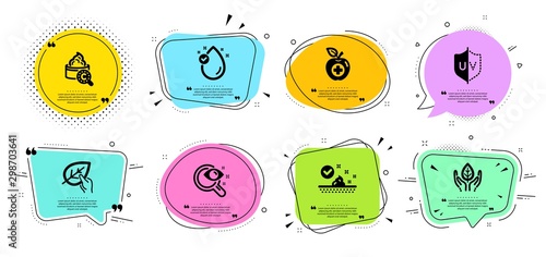 Uv protection, Skin care and Vision test line icons set. Chat bubbles with quotes. Vitamin e, Fair trade and Organic tested signs. Collagen skin, Medical food symbols. Ultraviolet, Face cream. Vector