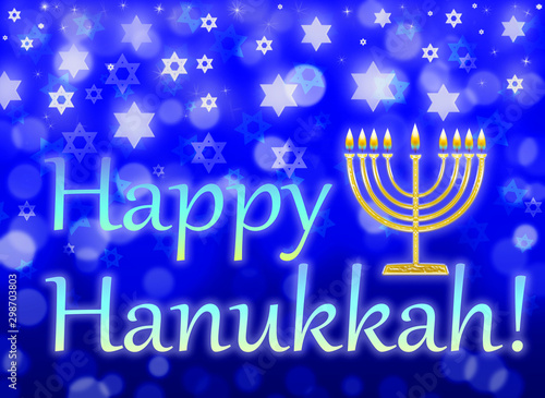 jewish holiday Hanukkah greeting card - traditional Hanukkah symbols - menorah with nine branches, star of David, illustration on blue, with the inscription Happy Hanukkah