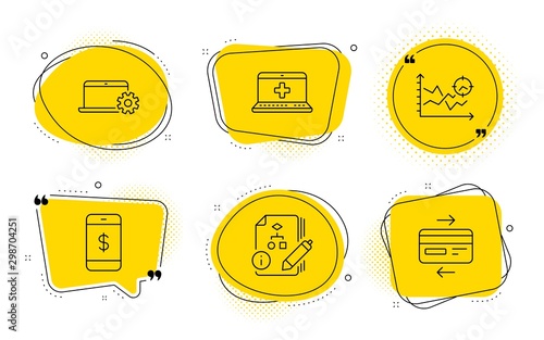 Seo analysis, Algorithm and Credit card signs. Chat bubbles. Notebook service, Smartphone payment and Medical help line icons set. Computer repair, Mobile pay, Medicine laptop. Targeting chart. Vector