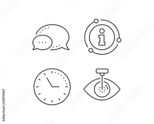 Eye laser surgery line icon. Chat bubble, info sign elements. Oculist clinic sign. Optometry vision symbol. Linear eye laser outline icon. Information bubble. Vector