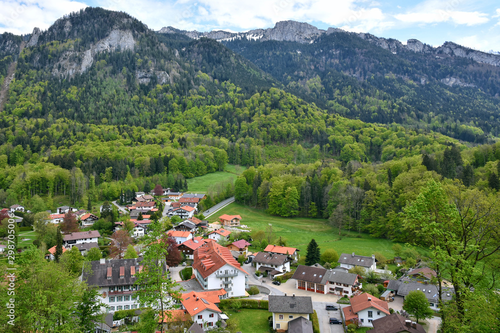 Aschau, Germany - May, 2019. village of Aschau im Chiemgau, Bavaria. Panoramic View over Aschau im Chiemgau. Picturesque village in the alps mountains 