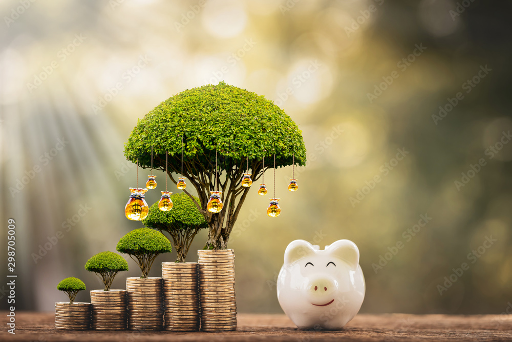 Piggy bank and stacked coin and gold money bag of tree with growing value as destinations in the public park, Saving money for planning business  investment in the future concept. - obrazy, fototapety, plakaty 