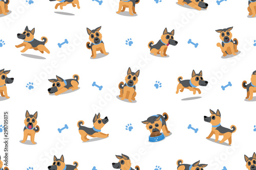 Vector cartoon character german shepherd dog seamless pattern background for design.