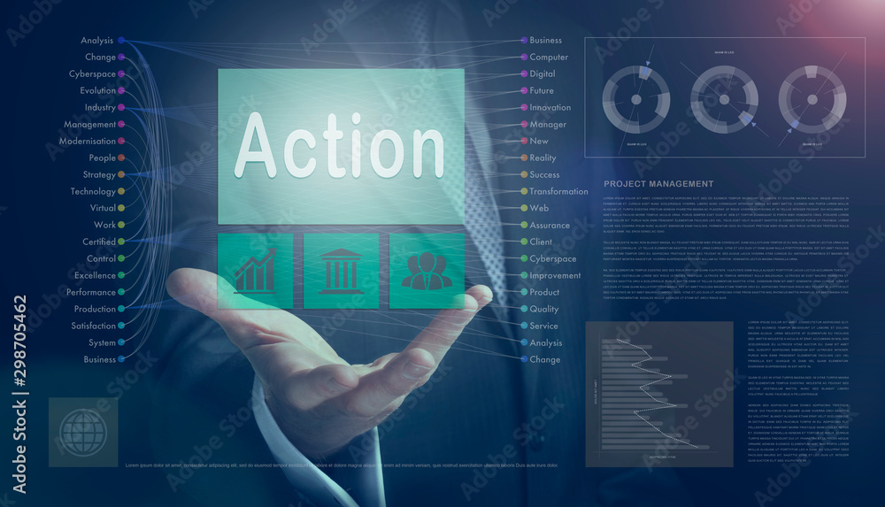 Businessman outreached hand holding a Action business concept on a computerised screen display. Businessman outreached hand holding a Action business concept on a computerised screen display.