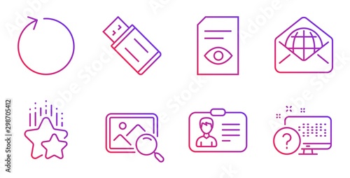 Loop, View document and Identification card line icons set. Ranking stars, Usb flash and Search photo signs. Web mail, Online quiz symbols. Refresh, Open file. Technology set. Vector