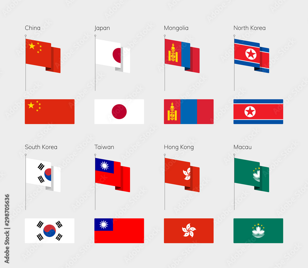 United Nations Geoscheme East Asia. Set of flags. Flagpole. China