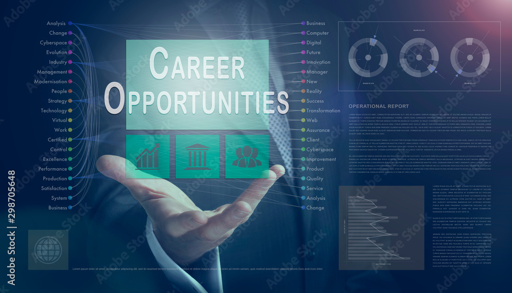 Businessman outreached hand holding a Career Opportunities business concept on a computerised screen display. Businessman outreached hand holding a Career Opportunities business concept on a computerised screen display.
