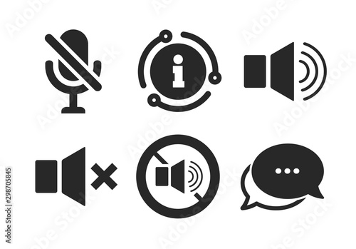 Sound, microphone and mute speaker signs. Chat, info sign. Player control icons. No sound symbol. Classic style speech bubble icon. Vector