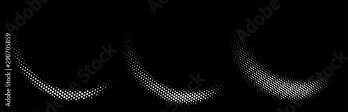 Set of halftone dots curved gradient pattern texture isolated on white background. Curve dotted spots using halftone circle dot raster texture collection. Vector blot half tone collection.