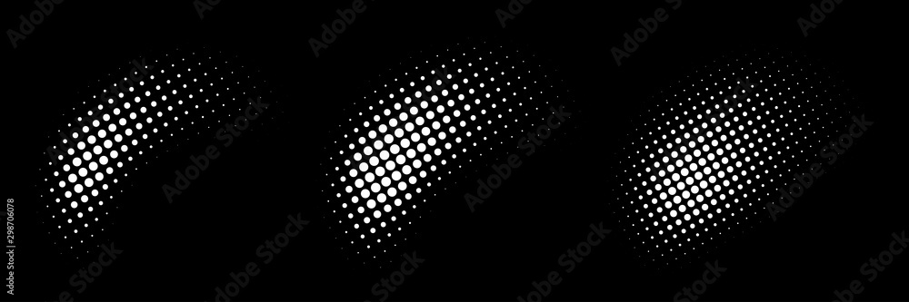 Set of halftone dots curved gradient pattern texture isolated on white background. Curve dotted spots using halftone circle dot raster texture collection. Vector blot half tone collection. Set of halftone dots curved gradient pattern texture isolated on white background. Curve dotted spots using halftone circle dot raster texture collection. Vector blot half tone collection.