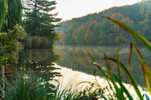 autumn landscape at sunrise near a lake with reflection in Prague