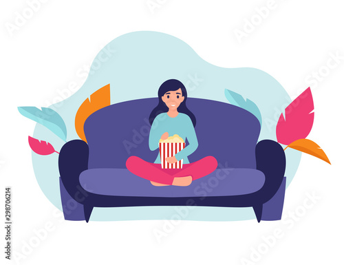 Woman at home sitting on sofa, watching movie and eating popcorn. Flat vector cartoon illustration home comfort concept.