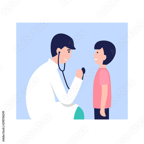Pediatrician doctor and child. Young man practitioner medic and happy boy. Doctor doing medical examination of child with stethoscope. Flat vector cartoon illustration.