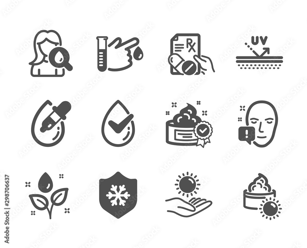 Set of Healthcare icons, such as Cream, Prescription drugs, Blood donation, Face attention, Uv protection, Clean skin, Dermatologically tested, Moisturizing cream, Eye drops classic icons. Vector Set of Healthcare icons, such as Cream, Prescription drugs, Blood donation, Face attention, Uv protection, Clean skin, Dermatologically tested, Moisturizing cream, Eye drops classic icons. Vector