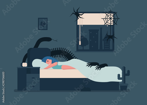 Tired woman lying in bed at night. Female character suffer from sleeping disorder,  nightmare, insomnia, sleeplessness. Flat vector cartoon illustration.
