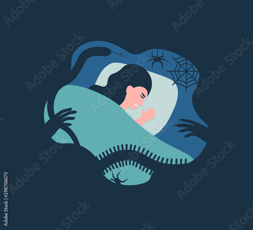 Tired woman lying in bed at night. Female character suffer from sleeping disorder,  nightmare, insomnia, sleeplessness. Flat vector cartoon illustration.