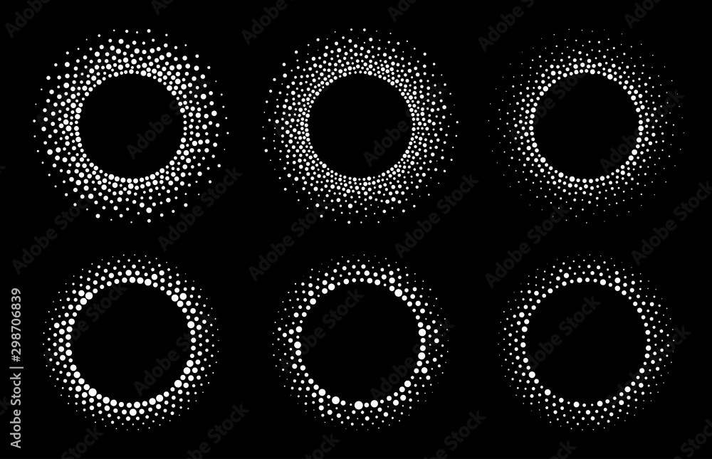 Halftone vector circular dotted frames set. Circle dots isolated on the white background. Logo design element for medical, treatment, cosmetic. Round border using halftone circle dots texture. - obrazy, fototapety, plakaty 