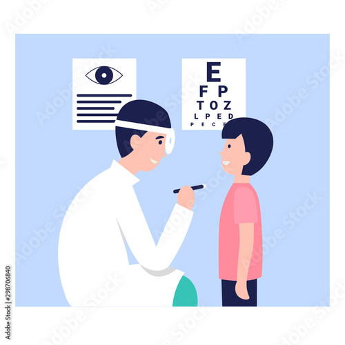 Man oculist doctor in a white coat check vision child. Eyesight exam chart. Male specialists ophthalmologist. Flat vector cartoon illustration.