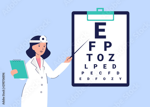 Woman oculist in a white coat shows eye test chart. Vision examon on clipboard. Female specialists ophthalmologist. Flat vector cartoon illustration.
