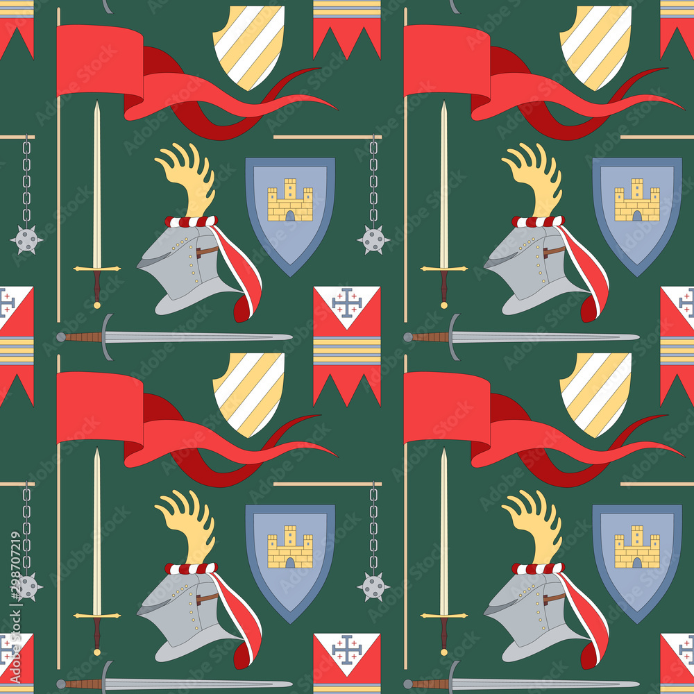 seamless medieval pattern with helmet, flags, swords and shields Stock ...