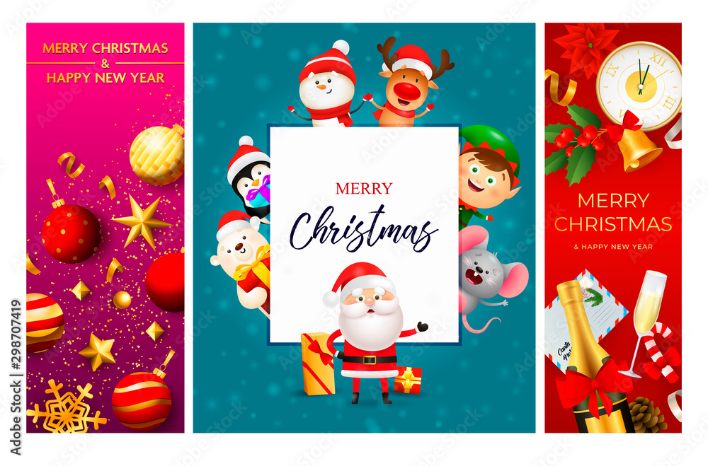 Fototapeta premium Merry Christmas pink, blue, red banner set with animals