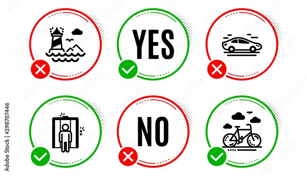 Lighthouse, Car and Elevator icons simple set. Yes no check box. Bike rental sign. Navigation beacon, Transport, Lift. Bicycle. Transportation set. Lighthouse icon. Check mark. Vector
