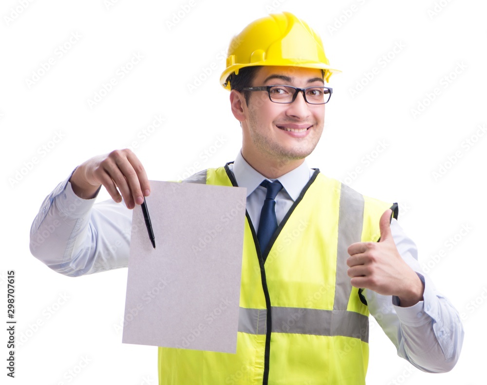 Construction supervisor with blank sheet isolated on white backg Construction supervisor with blank sheet isolated on white backg
