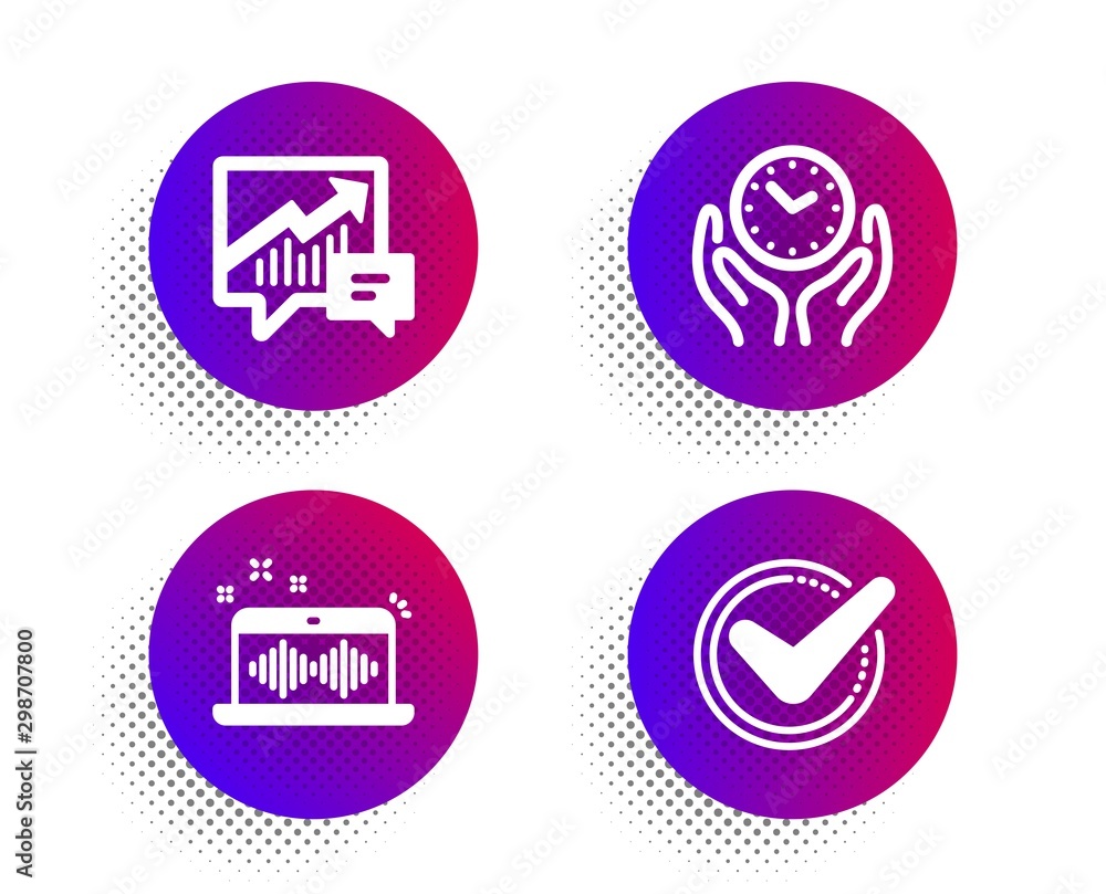 Accounting, Safe time and Music making icons simple set. Halftone dots button. Confirmed sign. Supply and demand, Hold clock, Dj app. Accepted message. Education set. Vector
