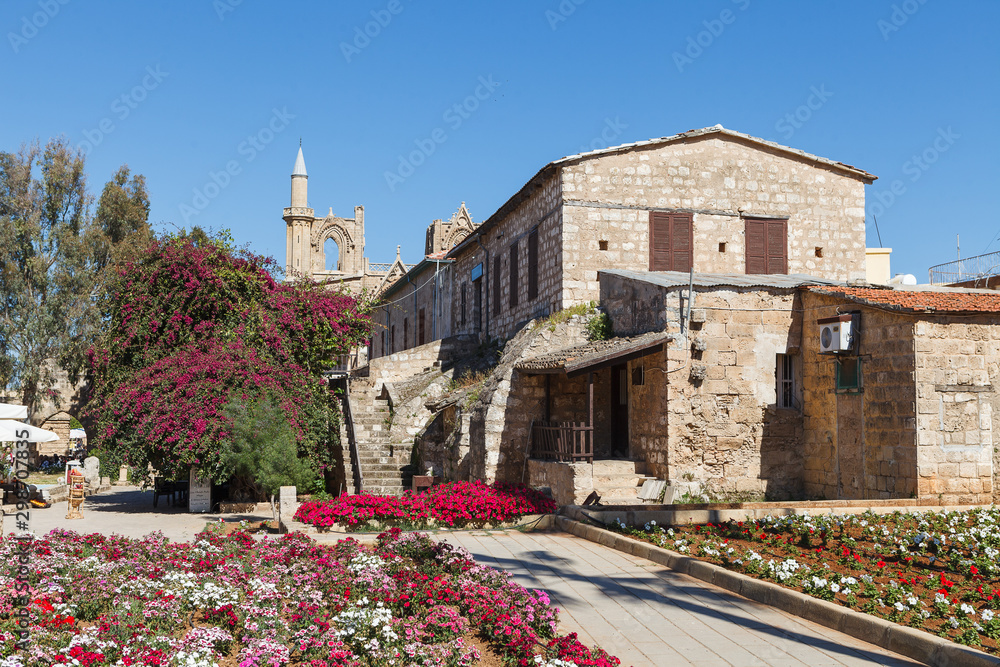 Famagusta old town with churches and flowers