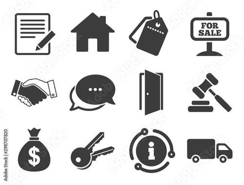 Handshake, for sale and money bag signs. Discount offer tag, chat, info icon. Real estate, auction icons. Keys, delivery truck and door symbols. Classic style signs set. Vector