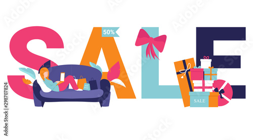 Large inscription SALE on white background. Modern banner design for sale and discount. Shopping concept flat illustration for web design, banner, app, landing page. Woman on the couch doing shopping.