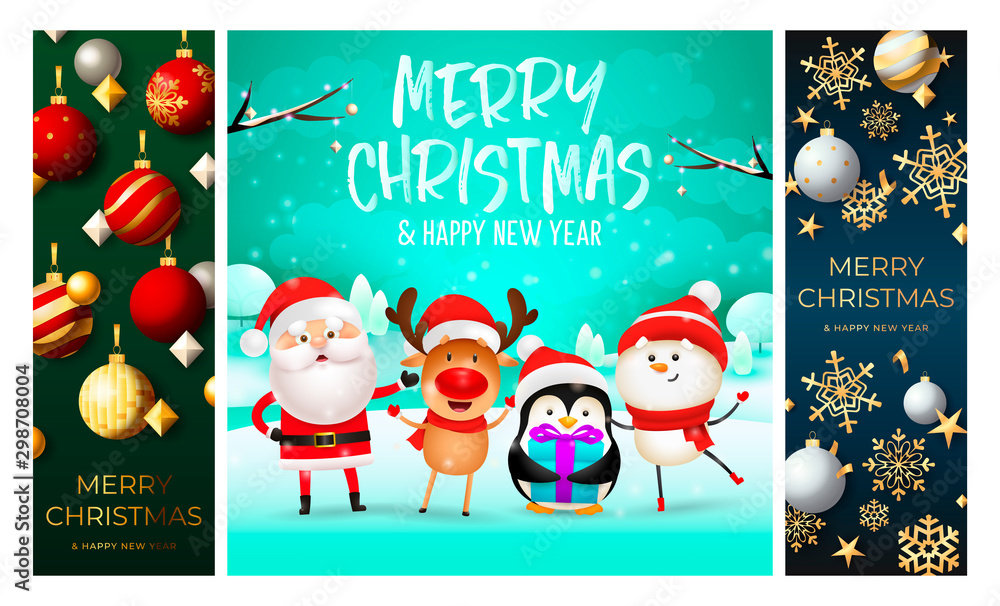 Fototapeta premium Merry Christmas green, cyan, blue banner set with animals