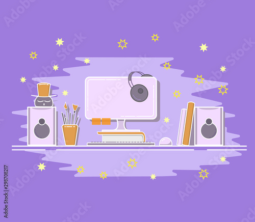 Freelance work concept. Freelancer empty home cozy workplace with laptop. Vector flat calm graphic design illustration