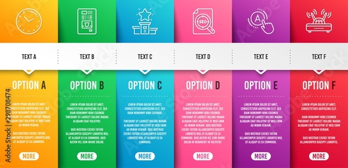 Time, Ab testing and Coffee vending line icons set. Infographic timeline. Winner podium, Seo file and Wifi signs. Clock, A test, Coffee vending machine. First place. Technology set. Vector